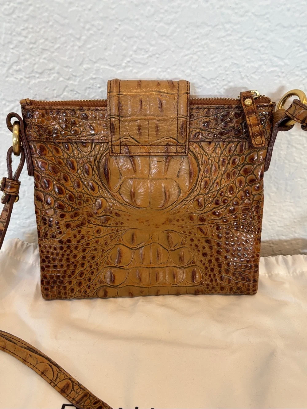 Brahmin Two-Tone Brown Croc-Embossed Crossbody with Gold Hardware